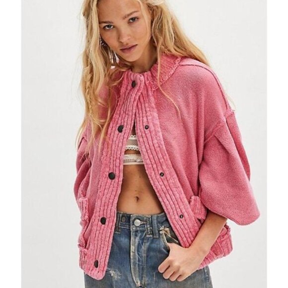 Free People Sweaters - Free People NWT Tack Cotton Loreto Knit Cardigan Sweater Pink Oversized size XS